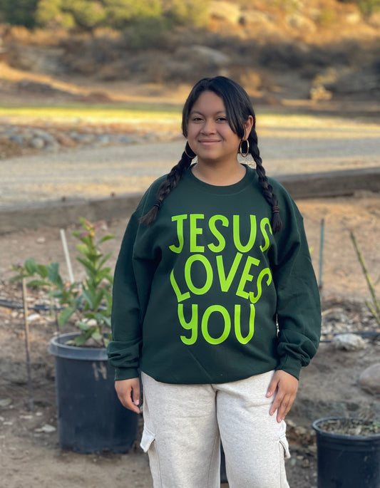 Dark Green Color Jesus Loves You Crewneck