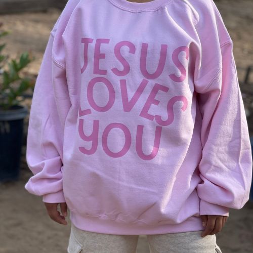 Soft Pink Jesus Loves You Crewneck