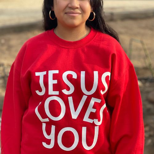 Red Color Jesus Loves You Crewneck