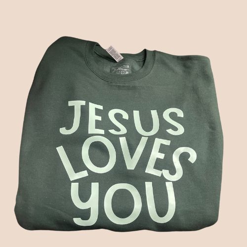 Forest color Jesus Loves You Crewneck