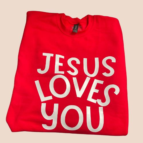 Red Color Jesus Loves You Crewneck