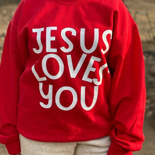 Red Color Jesus Loves You Crewneck